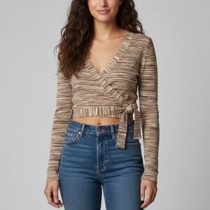 Intermix Celeste Wrap Crop Top Brown Space Dye Long Sleeve V-Neck Tie Side Sz XS